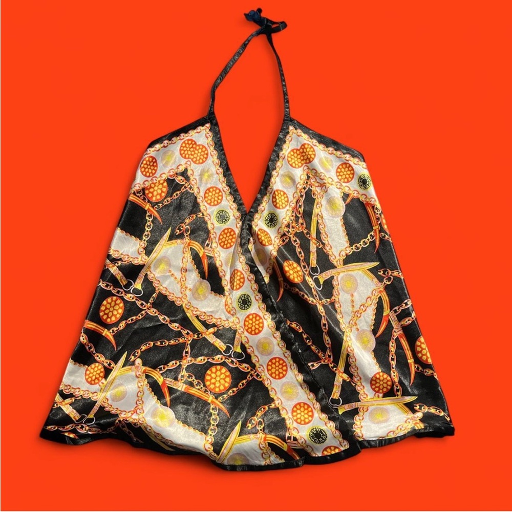 Elegant Black and Gold Chain Print Halter Top